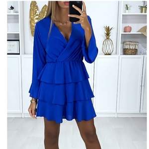 Long-sleeved crossover dress in royal with flounce at the bottom, 100% polyester