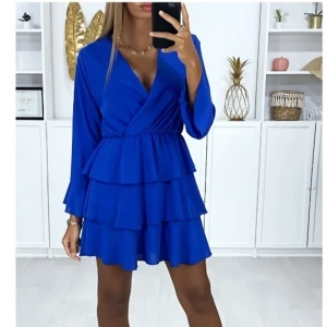 BLUE DRESS - Long-sleeved crossover dress in royal with flounce at the bottom, 100% polyester