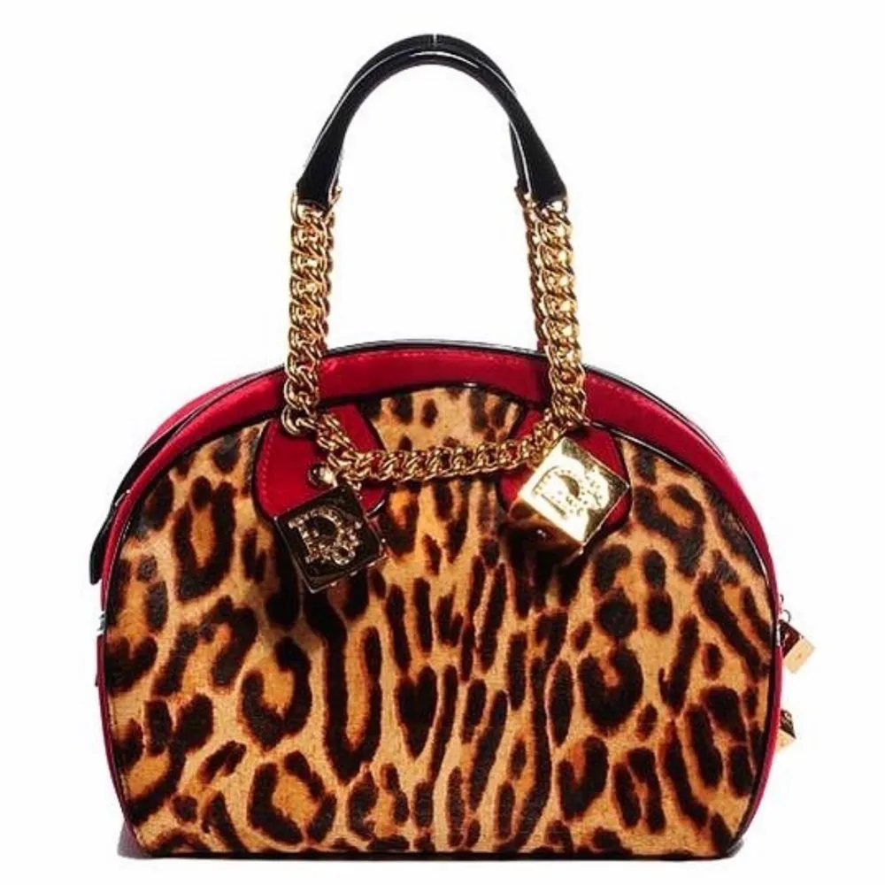 CHRISTIAN DIOR Calf Hair Leopard Velour Gambler Dice Bowler.  John Galliano for Christian Dior leopard and red velvet Gambler hand bag with giant gold tone 