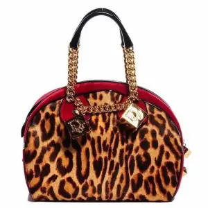 CHRISTIAN DIOR Calf Hair Leopard Velour Gambler Dice Bowler.  John Galliano for Christian Dior leopard and red velvet Gambler hand bag with giant gold tone 
