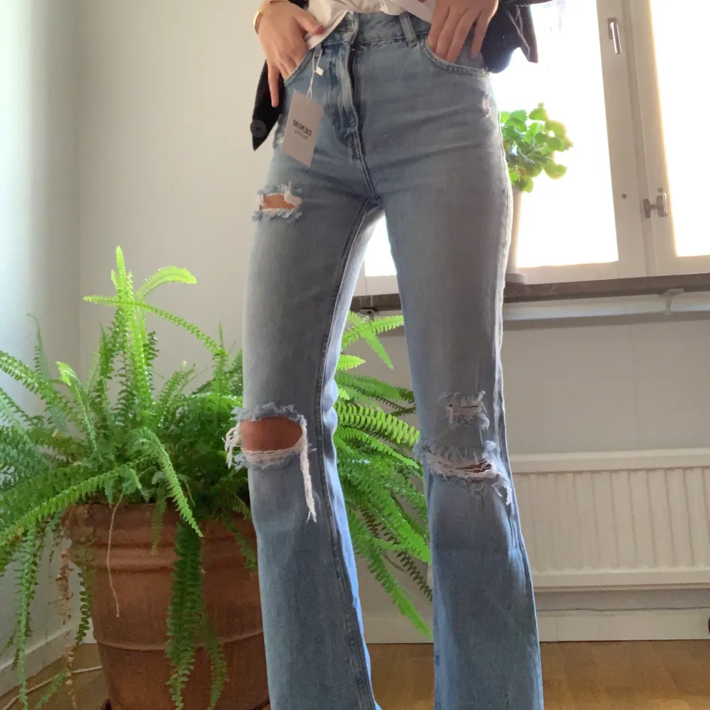 Säljer helt nya jeans från bershka då jag beställde 2 likadana jeans men i olika färger och färgerna var väldigt lika. Slut på hemsidan och kostar 399 nya. Alla lappar sitter fortfarande kvar och endast testade. Storlek 32 men skulle också kunna passa en 34, jag är 167 och det går hela vägen ner till marken! Lägg ett bud:). Farkut & Housut.