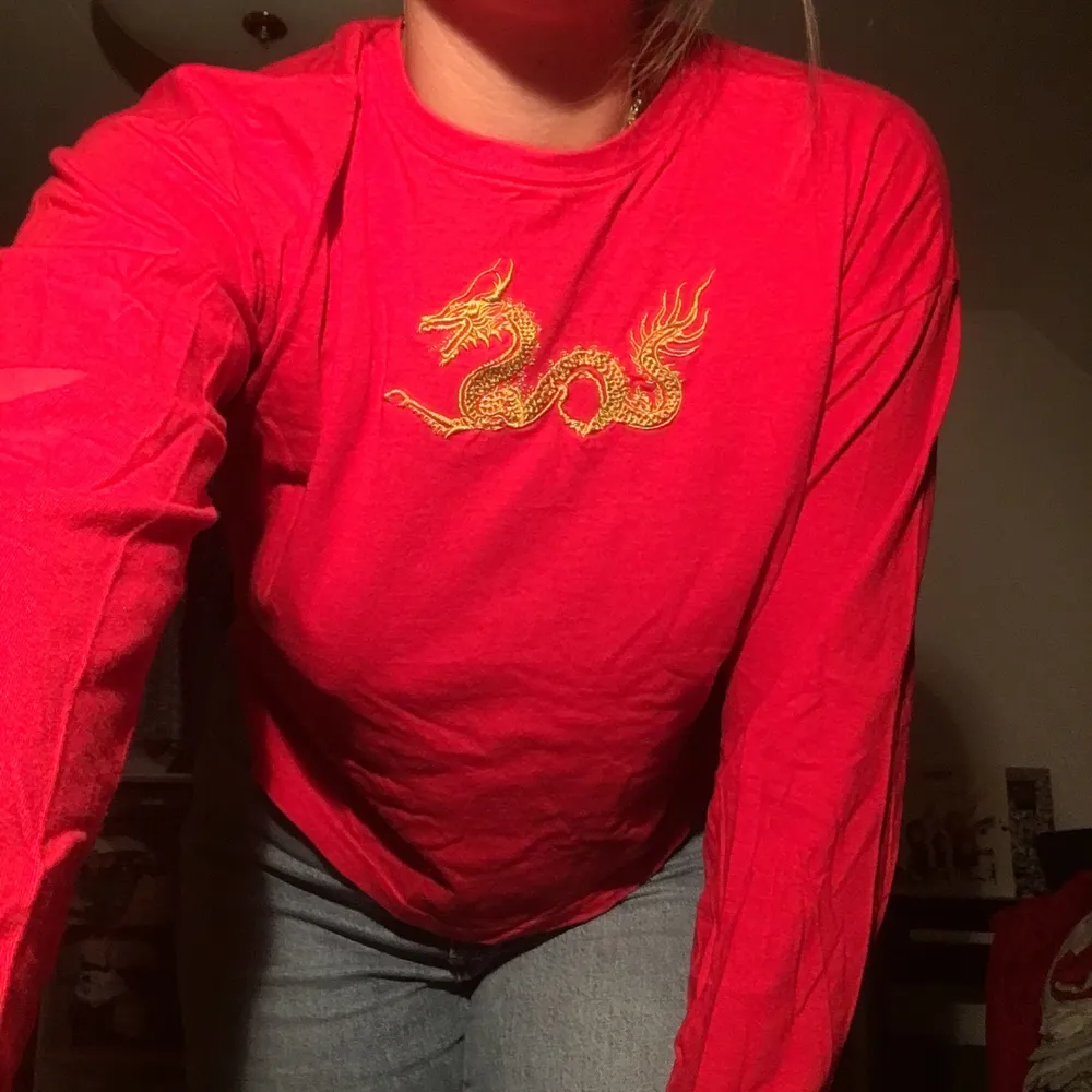 Röd, cool, långärmad tröja med drakbroderi. Den är i superbra skick och otroligt skön att ha på sig🥰. Tröjor & Koftor.