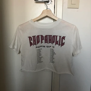 Vit croppad t-shirt med coolt tryck  - Använd ett fåtal gånger men i bra skick, om många är intresserade blir det budgivning 💕