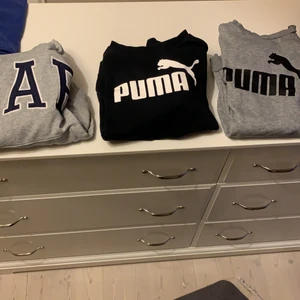 PUMA och GAP - Säljer 2 stycken puma tröjor, den gråa är storlek M och den svarta är storlek s. De är vanliga sweatshirt utan luva. Gap är en hoodie i storlek M. Varje kostar 170 kr plus frakt. Kör alla 3 för 400kr