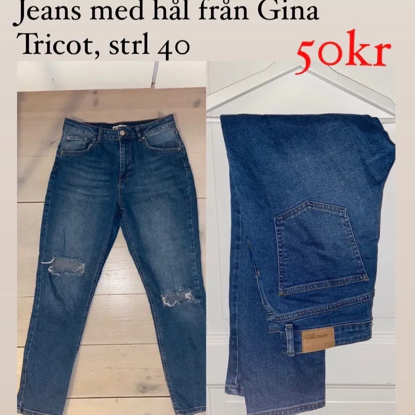 Jeans med hål från Gina tricot. Slutar vid ankeln på mig som är 170 cm. 50kr + frakt eller bud 🤎🌟. Jeans & Byxor.