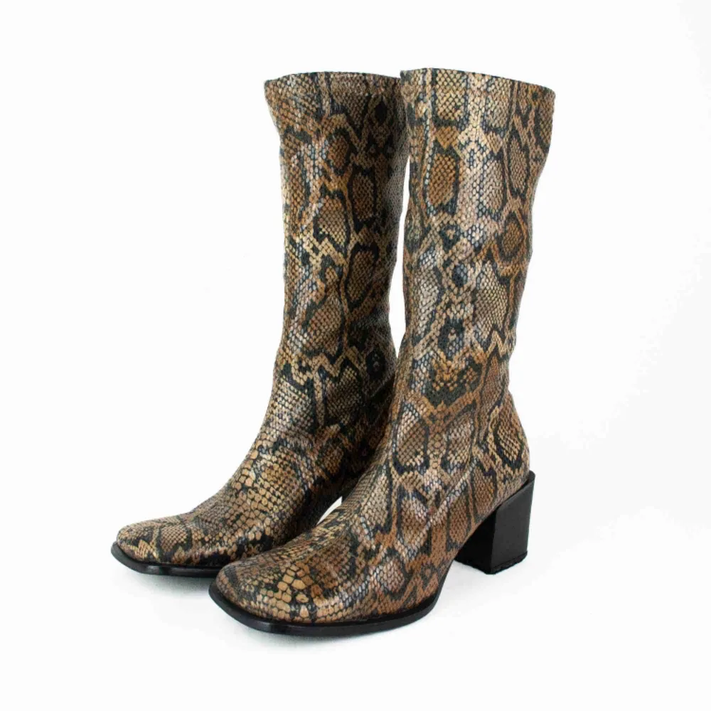 Vintage 90s 00s Y2K faux snakeskin block heel square toe mid calf sock boots in brown  Label: 38, feels like true to size Free shipping! Read the full description at our website majorunit.com No returns. Skor.