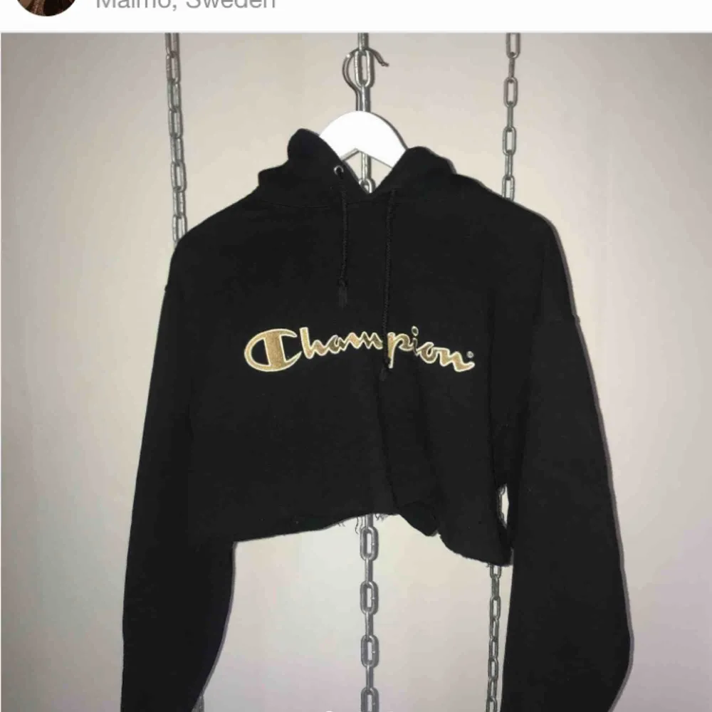 Avklippt Champion hoodie med guldig text✨ På mig slutar den precis över naveln, köpt 2ndhand och passar dig som är XS/S/M vanligt vis☃️. Tröjor & Koftor.