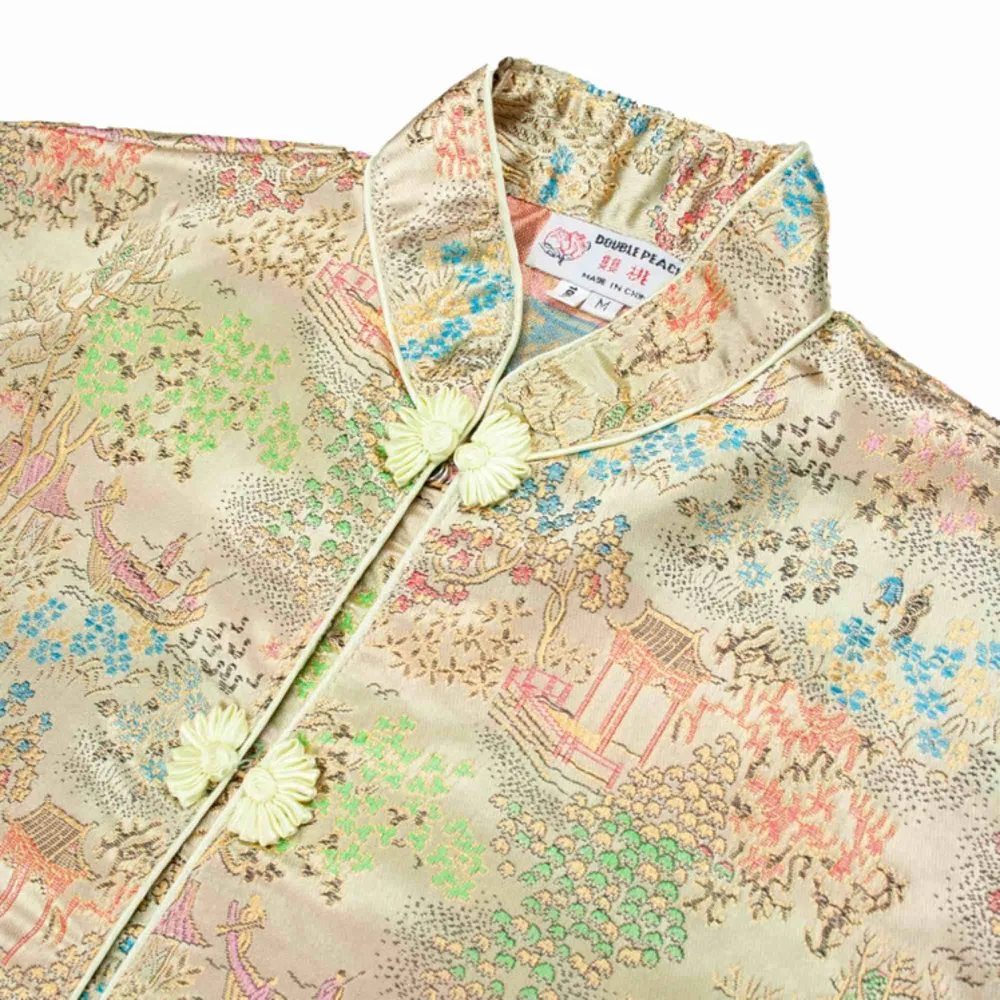 Vintage ca 70s festival floral landscape pattern Chinese cheongsam shirt top in light gold Label: M, fits best XS-S Measurements (flat): length: 67 pit to pit: 51 Free shipping! Read the full description at our website majorunit.com No returns . Toppar.