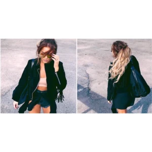  - Äkta mockajacka med fransar bak och längs armarna från Gina tricot , i stl 34. Helt oanvänd. 