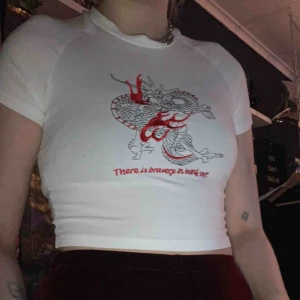  - Cool vit croppad tröja med draktryck och text! Kommer tyvärr inte ihåg vartifrån, använd ca 3 gnr🥰 köparen står för frakt