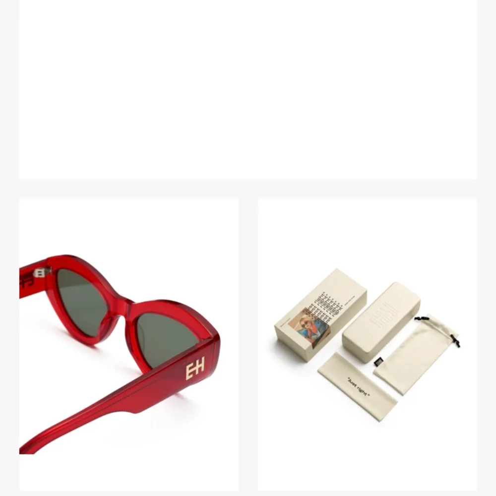 Röda svincoola solglasögon från Chimi eyewear. Modellen heter ”just red” och är designade av Elsa Hosk, därav loggan på sidan EH. Knappt använda och ser helt nya ut, allt finns kvar inkl orginalförpackningen. FRAKT 63 kr.. Accessoarer.
