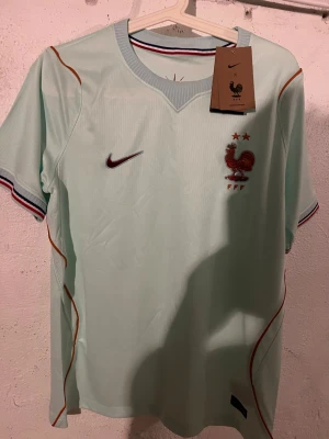 Frankrike fotbollströja Nike ljusblå - Snygg ljusblå fotbollströja från Nike med Frankrikes landslagsmärke och två stjärnor broderade på bröstet. Tröjan har röda och blå detaljer längs ärmar och sidor samt rund halsringning. Perfekt för match eller träning.