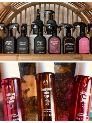 Bodyspray splitpaket 💜 - 3 stycken 5 ml glasdekanter med spray✨️Välj bland dessa dofter🔅Lush🔅Let the good times roll,Sticky dates,Strawberry feels forever,Snowfairy,Sex bomb,Avocado co-wash,Sex bomb,Milky bath,Yog nog,Grape soda,The comforter 🔅Body shop🔅Cottoncandy kiss,Butter me up,You're my jam 