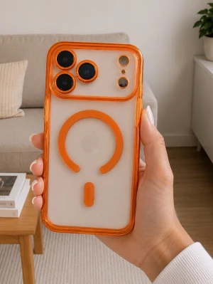 iPhone 17 PRO MAX Orange MagSafe mobilskal i genomskinlig plast  - Snyggt mobilskal med orange ram och MagSafe-kompatibilitet. Skalets baksida är genomskinlig med en tydlig orange cirkel och markerad MagSafe-symbol. Passar iPhone med tre kameralinser. Tillverkat i tålig plast som skyddar mobilen utan att dölja designen.