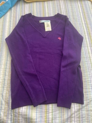 Lila Cashmere tröja Abercrombie & Fitch - Snygg lila stickad tröja från Abercrombie & Fitch med V-ringning och ribbade muddar. Tröjan har en rosa broderad älg-logga på bröstet och är tillverkad i mjukt material. Perfekt för dig som vill ha en färgklick i garderoben.