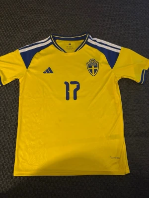 Svensk landslagströja Adidas gul Gyökeres M  - Gul svensk landslagströja från Adidas med blå detaljer, nummer 17 på bröstet och officiellt Sverige-emblem. Tröjan har korta ärmar, blå-vita ränder på axlarna och är tillverkad i ett lätt funktionsmaterial som andas. Perfekt för fotboll eller träning.