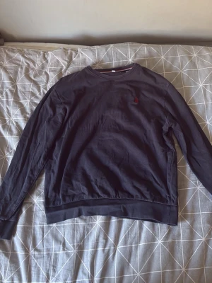 Mörkblå sweatshirt med röd logga - En stilren mörkblå sweatshirt med rund halsringning och diskret röd logga broderad på bröstet. Tröjan har långa ärmar, ribbade muddar och är tillverkad i mjukt bomullsmaterial. Perfekt för en avslappnad och trendig look.