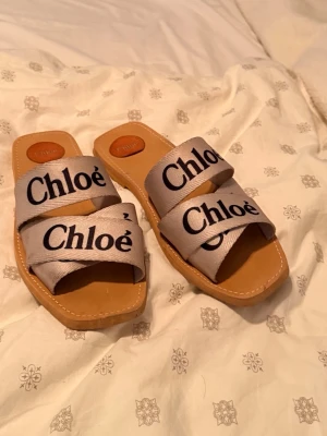 Beige sandaler från Chloé - Säljer ett par trendiga sandaler från Chloé med breda beige band i textil och svart logotyptryck. Sandalerna har fyrkantig tå och ljusbrun sula i läder-look. Perfekta för en avslappnad och snygg stil.
