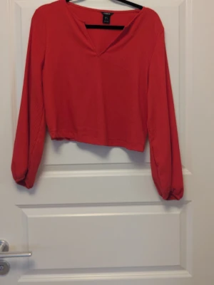 Röd långärmad blus från H&M - Röd blus från H&M med v-ringning och avslappnad passform. Blusen har långa ärmar med lätt puff vid ärmslut och är tillverkad i ett mjukt, tunt tyg som ger en skön känsla.