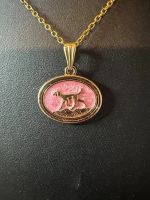 Guldhalsband med rosa hundberlock - Unikt halsband med tunn guldfärgad kedja och oval berlock. Berlocken har en rosa bakgrund och ett motiv av en hund i relief, inramad av guldfärg. Perfekt för dig som gillar djur och vill ha något personligt och färgglatt.