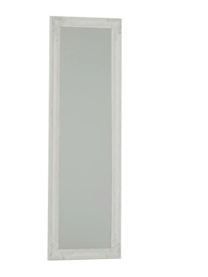 Antikk Vit spegel med dekorerad ram - Stilren spegel med rektangulär form och vit dekorerad träram. Ramen har fina detaljer och en lätt antik känsla som ger spegeln en klassisk look. Perfekt som helkroppsspegel i hallen eller sovrummet.