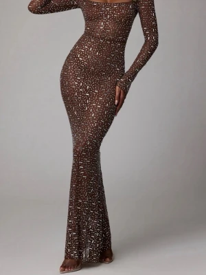 Oh Polly  - Elegant brun långklänning med glittriga detaljer. Klänningen har en tight passform och långa ärmar, perfekt för en glamorös kväll. Klänningen har bara använts en gång och är i bra skick, förutom en skada längst ner. Klänninge är i storlek 6/34. Klänningen är genomskinlig. Nypris 1800kr. Skriv för fler bilder eller frågor💕