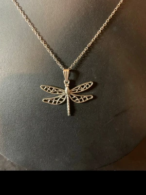 Silverfärgat halsband med trollslända - Snyggt halsband i silverfärg med ett detaljrikt hänge i form av en trollslända. Kedjan är tunn och smidig, och hänget har ett öppet, luftigt mönster som ger en cool och modern vibe. Perfekt accessoar för dig som gillar naturinspirerade smycken.