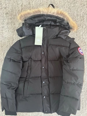 Canada Goose Jacka  - Säljer en svart dunjacka från Canada Goose med avtagbar huva och snygg pälskant. Jackan har ett klassiskt märke på ärmen, dragkedja och knappar framtill samt två stora fickor. Perfekt för kalla vinterdagar och riktigt varm.