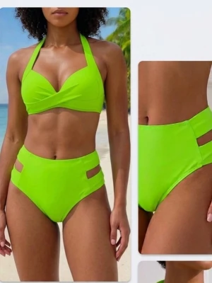 Limegrön bikini med höga midjebyxor - Trendig limegrön bikini med vadderad halterneck-topp och höga midjebyxor med coola utskurna detaljer i sidorna. Perfekt för stranden eller poolen, ger en snygg och modern look. Materialet är mjukt och stretchigt för bästa komfort. Då den tyvärr är för stor för mig så har den bara blivit liggandes i lådan.