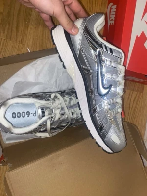 Nike silverfärgade sneakers P-6000 - Säljer ett par Nike P-6000 sneakers i metallic silver med vita och svarta detaljer. Skorna har en chunky sula, mesh och syntetmaterial i ovandelen samt klassisk Nike Swoosh på sidan. Perfekta för dig som gillar futuristisk och sportig stil.