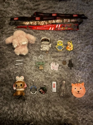 Samling med nyckelringar & band - Säljer en mixad samling nyckelringar och nyckelband med motiv som nalle, robot, minion, katt, Baby Yoda och fler. Flera är i mjuk plysch, plast eller metall. Perfekt för att pimpa väskan eller nycklarna med roliga och färgglada accessoarer.