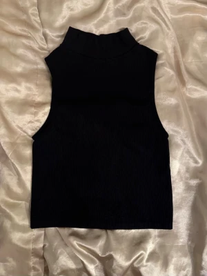 Svart ribbad ärmlös topp Akira - Snygg svart ribbad ärmlös topp från Akira med hög hals. Toppen är croppad och har en tight passform, perfekt att styla med jeans eller kjol. Materialet är stretchigt och bekvämt, vilket gör den enkel att bära till olika outfits.