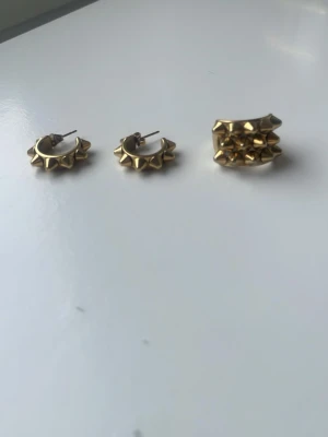 ring och örhängen från Edblad  - Säljer ett par örhängen med nitar och en ring i guld från Edblad. Ringen kostar 170 och örhängena kostar 130, båda kostar 300. Ringen är i storlek 16.80. 