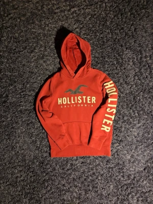 Röd Hollister hoodie med tryck - Cool röd hoodie från Hollister med stor logga och fågelmotiv på bröstet samt texten 'HOLLISTER' längs ena ärmen. Hoodien har huva och ribbade muddar. Materialet är mjukt och bekvämt, perfekt för en avslappnad look. Hör av er vid minsta fundering!