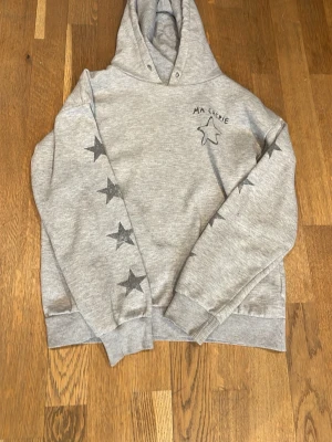 Grå hoodie med stjärnor och text - Grå hoodie med huva och tryckta gråa stjärnor längs ärmarna. På bröstet finns texten 'MA CHÉRIE' och en liten stjärna. Tyvärr har den en liten rosa och en liten orange fläck men dom stans inte så mycket. Sen har den heller inga snören