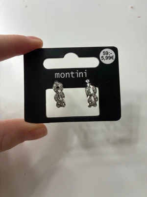 Silverfärgade örhängen från Montini - Säljer ett par silverfärgade örhängen från Montini med gnistrande stenar. Örhängena har en elegant och modern design med flera små stenar som ger ett lyxigt intryck. Perfekt för dig som gillar stilrena accessoarer.