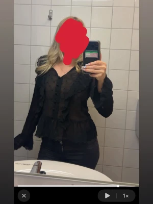 Svart transparent blus med volanger - Snygg svart transparent blus med volangdetaljer längs bröstet och ärmarna. Blusen har knappar framtill och en figurnära passform. Perfekt för dig som gillar en trendig och elegant look.