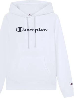 Vit Champion hoodie med logga - Säljer en vit hoodie från Champion med stor svart logga på bröstet och liten logga på ärmen. Hoodien har huva med dragsko och en klassisk magficka. Tillverkad i mjukt bomullsmaterial som är skönt att bära. Perfekt för en avslappnad och sportig stil.