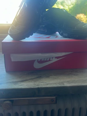 Nike Air Max Plus svarta sneakers - Nike Air Max Plus sneakers i helsvart med ikoniska vågmönster på ovandelen och synlig Air-dämpning i sulan. Skorna har en sportig siluett, mesh och syntetmaterial samt TN-logga på hälen. Perfekta för dig som gillar streetwear och vill ha en klassisk look.