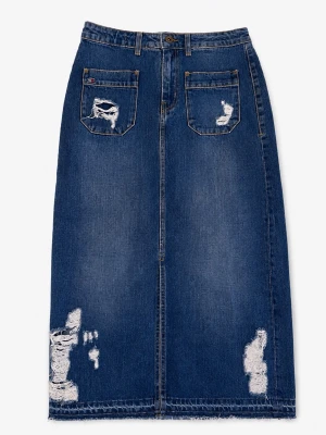 Lång jeanskjol med slitningar - Trendig lång jeanskjol från Tommy Jeans i mörkblå denim med slitna detaljer framtill och baktill. Kjolen har två framfickor och råa kanter nertill för en cool, avslappnad look. Perfekt för dig som gillar streetstyle och denim.