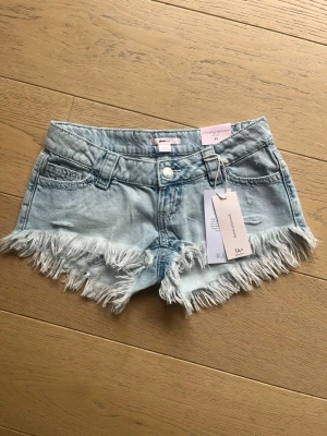 NYA Ljusblå jeansshorts med fransar  - Säljer ett par HELT NYA med lapp kvar ljusblå jeansshorts från Ginatricot med fransiga kanter och klassisk femficksmodell. Shortsen har bälteshällor, knapp och dragkedja framtill samt en avslappnad passform. Perfekta för varma dagar! NYPRIS 299kr, mitt pris 239kr!                                                                                                                          .                                                                               Kom med prisförslag!