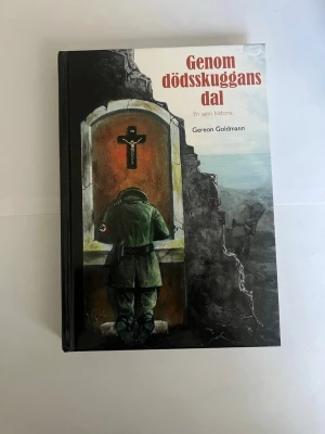 Genom dödsskuggans dal - En inbunden bok med titeln 'Genom dödsskuggans dal' av Gereon Goldmann. Omslaget visar en soldat i grön uniform vid en ruin med ett krucifix. Boken är svart med illustration i färg på framsidan och text på baksidan. Perfekt för dig som gillar verklighetsbaserade berättelser.