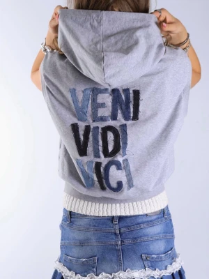 Grå hoodie med texten VENI VIDI VICI - Otroligt fin och unik hoodie med jeans detaljer på ryggen. Texten som står på ryggen VENI VIDI VICI”!!  - Storlek: S - Modellen är 175 cm för referens och bär vanligtvis S!!  Hoodien är i jättebra skick och har inga defekter (vad vi märkt)!!  Vid frågor eller funderingar - tveka inte att höra av dig🪽