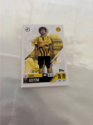 Fotbollssamlarkort Borussia Dortmund - Säljer ett fotbollssamlarkort från Topps med Borussia Dortmund-tema. Kortet har gul och svart design med spelare i lagets matchställ och detaljer som klubbmärke och Champions League-symbol. Perfekt för samlare och fotbollsintresserade.