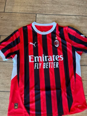 AC Milan matchtröja Puma röd/svart - Säljer en AC Milan matchtröja från Puma med klassiska röda och svarta ränder, vita detaljer och klubbmärke på bröstet. Tröjan har korta ärmar och är tillverkad i ett lätt och ventilerande material, perfekt för fotbollsträning eller supporterliv.