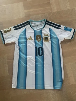 Argentina Messi VM 2026 matchtröja - Säljer en officiell Argentina matchtröja med Messi och nummer 10 på ryggen. Tröjan är vit med ljusblå vertikala ränder, har korta ärmar och detaljer i guld och svart. Tillverkad i ett lätt och ventilerande material, perfekt för fotboll eller träning. Toppskick, stl S