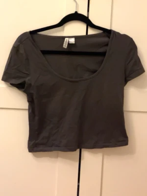 Mörkgrå croppad t-shirt - En enkel och stilren mörkgrå croppad t-shirt med korta ärmar och rundad, djup urringning. Perfekt att matcha med höga jeans eller kjol för en avslappnad look.