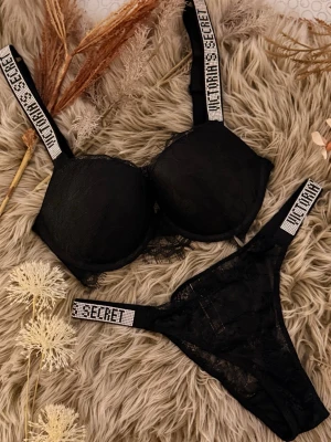 Victoria’s Secret Black Rhinestone Lace Set  - Victoria’s Secret black lace set 🖤 Bra size 75C pushup Panties size M.                                                                          ✨ Original Victoria’s Secret ✨ Lace detailing ✨ Rhinestone logo straps ✨ Elegant & sexy at the same time