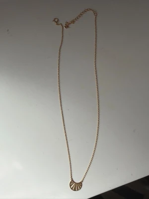 Guldigt halsband med solfjäderhänge - Snyggt halsband i guldfärgad metall med ett solfjäderformat hänge. Kedjan är tunn och har justerbar längd med karbinlås. Hänget har ett stilrent, geometriskt mönster som fångar ljuset på ett coolt sätt.