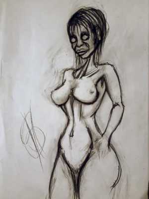 Konstnärlig kroki teckning - Unik handritad kroki teckning i svart blyerts på vitt papper. Motivet föreställer en stiliserad kvinnokropp med markerade linjer och uttrycksfulla drag. Perfekt för dig som gillar konst och vill ha något personligt på väggen.